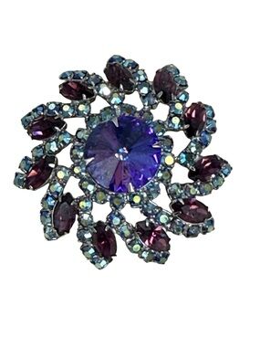 1960s peacock brooch purple rivoli stone & AB peacock blue & purple rhinestones.
